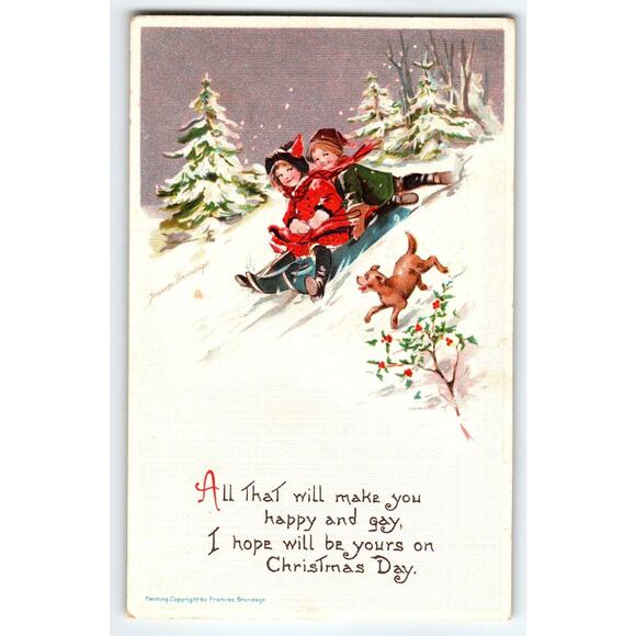 Christmas Postcard Signed Frances Brundage Kids Dog On Sled Gabriel Germany 229 - Picture 1 of 2